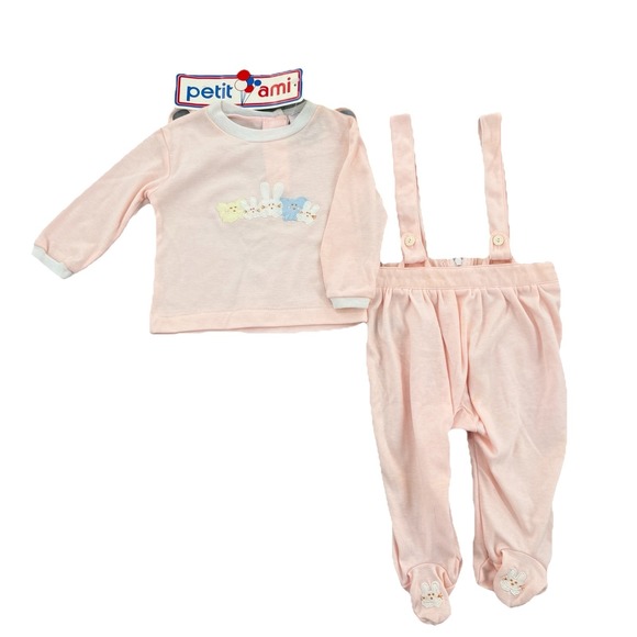 Petit Ami Other - NWT Vintage Petit Ami Baby Girl Outfit 6M Pink Bunny Footed Suspender Set